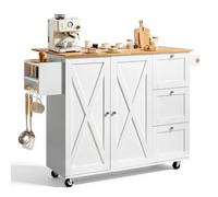 VEVOR Carro de Cocina con Tapa de Madera Maciza, 115 cm Carro Móvil, Blanco | Armario de Almacenamiento sobre Ruedas, Mesa de Cocina Rodante, con Estante de Especias, Toallero, Hoja Abatible y Cajón