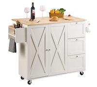 VEVOR Carro de Cocina con Tapa de Madera Maciza, 115 cm Carro Móvil con Armario de Almacenamiento sobre Ruedas, Mesa de Cocina Rodante con Estante de Especias, Toallero, Hoja Abatible y Cajón, Blanco