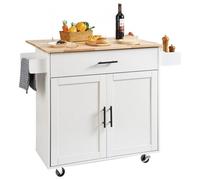 VEVOR Carro de Cocina con Tapa de Madera Maciza, 90 cm Carro Móvil con Armario de Almacenamiento sobre Ruedas, Mesa de Cocina Rodante con Estante de Especias, Toallero, Hoja Abatible y Cajón, Blanco