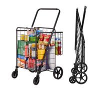 VEVOR Carro de Compra Plegable Carga de 50 kg con 4 Ruedas Más de 85 L Carro de Supermercado con 2 Cestas Carro de Compra de Hierro con Forro Impermeable Carro Multiusos Resistente para IR de Compras