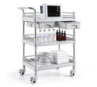 VEVOR Carro de Laboratorio de 3 Niveles Carro Médico con Ruedas y 2 Cajones | Organizador Auxiliar para Hospital, Clínica, Salón de Belleza, Capacidad de Carga 50 kg, con Cubo para Basura, Material PP