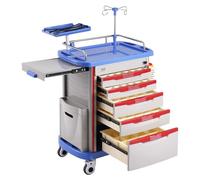 VEVOR Carro de Laboratorio de 5 Niveles Carro Médico con 5 Cajones y 4 Ruedas Silenciosas Carro Médico Móvil con Material PP con 2 Botes de Basura para Laboratorio, Clínica, Hospital, Salón, Azul