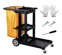 VEVOR Carro de Limpieza para Conserje de 3 Estantes Negro Carro de Empuje Móvil de PP con 4 Ruedas Carrito de Fregar Multifunción con Bolsa de PVC Capacidad de 22 Libras para Oficina Hotel Aeropuerto