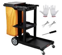 VEVOR Carro de Limpieza para Conserje de 3 Estantes Negro Carro de Empuje Móvil de PP con 4 Ruedas Carrito de Fregar Multifunción con Bolsa de PVC y Tapa Capacidad de 22 Libras para Oficina Aeropuerto