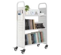 VEVOR Carro para Libros de 3 Niveles Estantería de Libros con Ruedas 77 x 38 x 122 cm Estante de Almacenamiento en Forma de V Carro Rodante para Biblioteca, Librería, Oficina, Escuela, Blanco