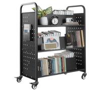 VEVOR Carro para Libros de 3 Niveles Estantería de Libros con Ruedas 97 x 51,5 x 122,5 cm Estante de Almacenamiento en Forma de W Doble Cara Carro Rodante para Biblioteca, Oficina, Escuela, Negro