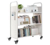 VEVOR Carro para Libros de 3 Niveles Estantería de Libros con Ruedas 97 x 51,5 x 122,5 cm Estante de Almacenamiento en Forma de W Doble Cara Carro Rodante para Biblioteca, Oficina, Escuela, Blanco