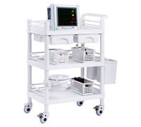 VEVOR Carros de Laboratorio de 3 Niveles Carro Médico con 3 Bandejas y 4 Ruedas Silenciosas Carro Médico Móvil con Material PP con 3 Botes de Basura para Laboratorio, Clínica, Hospital, Blanco