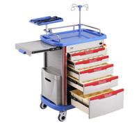 VEVOR Carro de Laboratorio de 5 Niveles Carro Médico con 5 Cajones y 4 Ruedas Silenciosas Carro Médico Móvil con Material PP con 2 Botes de Basura para Laboratorio, Clínica, Hospital, Salón, Azul