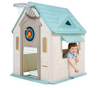 VEVOR Casa de Juegos para Exteriores 5 en 1, Juego de rol, Baloncesto, Dardos, Fútbol y Lanzamiento de Aros, Ideal para Niños a Partir de 2 Años, Plástico PP, Estilo Cabaña, 940 x 1190 x 1255 mm