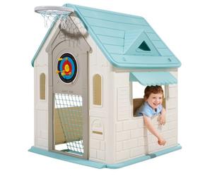 VEVOR Casa de Juegos para Exteriores 5 en 1, Juego de Rol, Baloncesto, Dardos, Fútbol y Lanzamiento de Aros, Ideal para Niños a Partir de 2 Años, Plástico PP, Estilo Cabaña, 940 x 1190 x 1255 mm