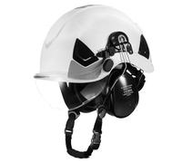 VEVOR Casco de Seguridad, Aprobado por ANSI/ISEA Z89.1, Ajustable y Ventilado de ABS con Visera, Orejeras y Suspensión de Trinquete de 6 Puntos, Clase C, para Construcción Industrial, Blanco