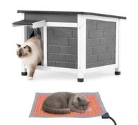 VEVOR Caseta para Gatos de Madera con Almohadilla Térmica para Exterior | para Invierno, 600 x 530 x 460 mm, con Puerta y Solapas de PVC, Techo Asfáltico Impermeable, Base Elevada, Kit de Instalación