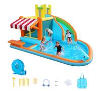 VEVOR Castillo Hinchable 455 x 390 x 238 cm, Parque Infantil Inflable con Tobogán Acuático, Rebotes, Piscina de Chapoteo y Puesto de Mercado de Simulación para 3 a 4 Niños de 3 a 8 Años, para Jardín