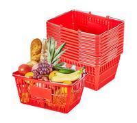 VEVOR Cestas de la Compra Apilables, Plástico PE, 21 L, con Asas Metálicas, Estructura de Malla Densa, Carga 9,07 kg, para Supermercados, Tiendas, Tiendas Minoristas y Uso Doméstico, Rojo, 12 uds