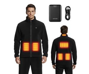 VEVOR Chaqueta Polar Calefactable Hombre, Batería Externa Recargable 7,4 V y 16 000 mAh, 6 Zonas Calentamiento, 35-40/45-50/55-60 °C, 3 h/6 h/10 h de Calor, para Acampadas en Invierno, Negro, M