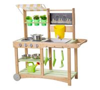 VEVOR Cocina de Barro Realista al Aire Libre, para Niños de 3 Años en Adelante, Madera de Cedro, con Cucharas, Fregadero, Toldo Parasol, Ruedas Giratorias, Ollas y Accesorios, 880 x 326 x 900 mm