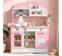 VEVOR Cocina de Juguete para Niños de 3 a 8 Años, Cocinita Infantil de Madera con Luces y Sonidos, Áreas Interactivas con Microondas, Lavavajillas, Accesorios, Juego de Cocina con Almacenamiento, Rosa