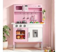 VEVOR Cocina de Juguete para Niños de 3 a 8 Años, Cocinita Infantil de Madera con Luces y Sonidos, Zonas Interactivas, Fregadero, Microondas, Accesorios, Juego de Cocina con Almacenamiento, Color Rosa