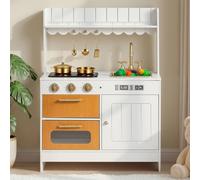 VEVOR Cocina de Juguete para Niños de 3 a 8 Años, Cocinita Infantil de Madera con Luces y Sonidos, Zonas Interactivas, Juego de Cocina con Almacenamiento, Microondas, Fregadero, Accesorios, Blanco