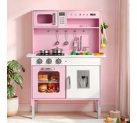 VEVOR Cocina de Juguete para Niños de 3 a 8 Años, Cocinita Infantil de Madera con Luces y Sonidos, Zonas Interactivas, Fregadero, Microondas, Accesorios, Juego de Cocina con Almacenamiento, Color Rosa