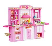 VEVOR Cocina de Juguete para Niños 3 en 1 Cocinita Infantil Juguete de Simulación con Spray Simulado Sonido Luz 74 Piezas de Accesorios de Cocina para Niños, Preescolares, Niños de 3 a 8 Años, Rosa