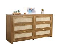 VEVOR Cómoda Bohemia de Ratán con 6 Cajones, Tiradores y Patas Metálicas, Amplio Espacio de Almacenamiento, Mueble Moderno para Dormitorio, Salón o Recibidor, 144,5 x 45 x 79,5 cm, Color Nogal