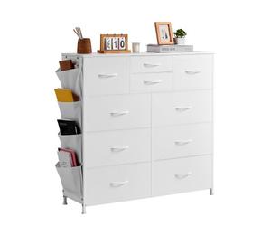 VEVOR Cómoda de 10 Cajones, Cómoda de Tela 1000 x 300 x 975 mm con Compartimentos de Tela, Tirador de Fácil Extracción y Estructura de Acero Resistente, Torre de Almacenamiento de Tela, Blanco