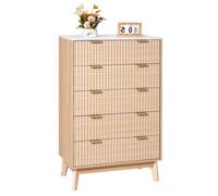 VEVOR Cómoda de 5 Cajones Acanalados de Madera 39,9 x 74,9 x 121,9 cm con Sistema de Deslizamiento y Antivuelco Estilo Moderna y Minimalista para Sala de Estar y Pasillo, Color Madera Clara
