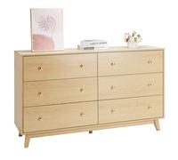 VEVOR Cómoda de 6 Cajones, Cómoda de Madera 39,9 x 137,2 x 81,3 cm con Puertas Corredizas y Antivuelco, Estilo Moderna y Minimalista para Sala de Estar, Pasillo y Entrada, Color Madera Clara