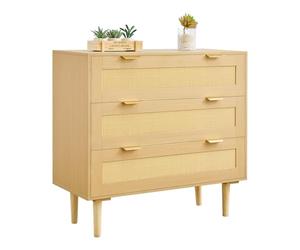 VEVOR Cómoda de Ratán con 3 Cajones, Tiradores y Patas Metálicas, Amplio Espacio de Almacenamiento, Mueble Moderno para Dormitorio, Salón o Recibidor, 800 x 350 x 770 mm, Color Madera Natural