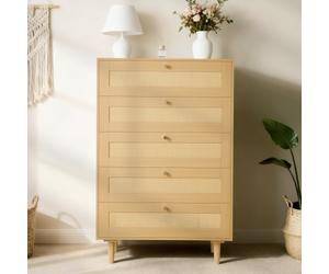 VEVOR Cómoda de Ratán con 5 Cajones, Tiradores y Patas Metálicas, Amplio Espacio de Almacenamiento, Mueble Moderno para Dormitorio, Salón o Recibidor, 70,2 x 40 x 106,5 cm, Color Madera Natural