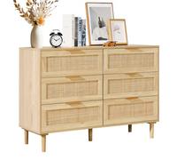 VEVOR Cómoda de Ratán con 6 Cajones Mueble Natural para Organización y Almacenamiento Cómoda con Tiradores y Patas Resistentes para Sala de Estar Dormitorio Pasillo Color de Madera, 1100x400x755 mm