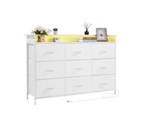 VEVOR Cómoda de Tela, Cómoda Alta 1260 x 320 x 845 mm con 9 Cajones, Marco de Metal Resistente, Luces LED y Toma de Corriente Incorporada, Torre de Almacenamiento de Tela para Pasillo, Blanco