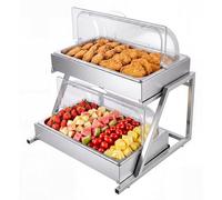 VEVOR Contenedor Expositor de Mostrador para Servir Alimentos, Bandeja de Acero Inoxidable 2 Niveles para Servir Ensaladas, Dispensador de Condimentos para Bufé, con Tapa Enrollable Transparente