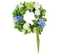 VEVOR Corona Decorativa Artificial, Azul, Blanco y Verde, con Hortensias, Rosas y Enredaderas, para Todo el Año para Todas Las Estaciones, Decoración de Festivales, Paredes, Interiores y Exteriores