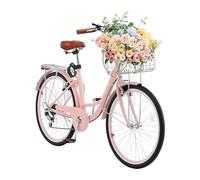 VEVOR Bicicleta de Ciudad 26 pulgadas Bicicleta con Canasta y Portaequipaje Trasero Bicicleta de Paseo 7 Velocidades con Asiento Ajustable para Andar en Bicicleta, Hacer Ejercicio, Comprar, Rosa