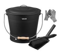 VEVOR Cubo de Cenizas con Tapa 4 en 1, con Cubo para Carbón, Pala, Escoba y Guantes, Cenicero de Metal para Chimenea, Capacidad de 9,8 L, Fogatas y Estufas de Leña, Acero al Carbono, Color Negro