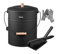 VEVOR Cubo de Cenizas con Tapa 4 en 1, Incluye Cubo para Carbón, Pala, Escoba y Guantes, Capacidad de 15 L para Chimeneas, Fogatas y Estufas de Leña, Acero al Carbono, Color Negro, 254 x 305 mm