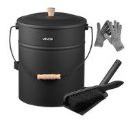 VEVOR Cubo de Cenizas con Tapa 4 en 1, Incluye Cubo para Carbón, Pala, Escoba y Guantes, Capacidad de 15 L para Chimeneas, Fogatas y Estufas de Leña, Acero al Carbono, Color Negro, 254 x 305 mm