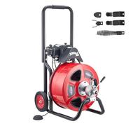 VEVOR Desatascador Eléctrico de Tuberías 30 m x 19 mm con Alimentación Automática con 4 Cabezales y Ruedas Máquina para Desagües Jardín Alcantarillado WC Exterior para Tuberías de 100 mm a 200 mm
