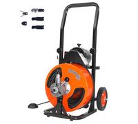 VEVOR Desatascador Eléctrico de Tuberías 30 m x 9,5 mm con Alimentación Automática con 4 Cabezales y Ruedas Máquina para Desatascar Desagües Fregadero WC Alcantarillado para Tuberías de 50 mm a 100 mm