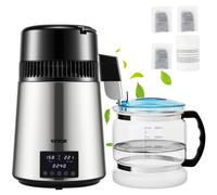 VEVOR Destilador de Agua 4 L Filtro de Destilación de Agua con Recipiente de Vidrio 1750W 1,5 L/H Ajuste de Velocidad, Destilación Filtro Purificador de Acero Inoxidable con Pantalla Doble, Plata