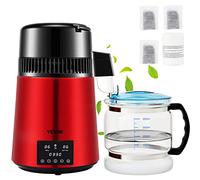 VEVOR Destilador de Agua 4 L Filtro de Destilación de Agua con Recipiente de Vidrio 750 W 1 L/H Ajuste de Velocidad, Destilación Filtro Purificador 7,9 lbs de Acero Inoxidable Temperatura Doble, Rojo