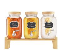 VEVOR Dispensador de Bebidas, 3 uds, 3.8 L, para Fiestas, Dispensador de Jugo de Vidrio con Soporte de Madera, Grifo de Acero Inoxidable, Infusor, para Té Helado, Limonada y Jugo, Transparente
