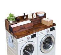VEVOR Encimera para Lavadora y Secadora 137 x 69,9 cm, Cubierta Superior de Madera Soporta hasta 113 kg con Ganchos Laterales, 2 Cajones, Estante, Ancha para Baño Balcón Cocina Lavadero, Color Marrón