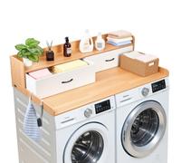 VEVOR Encimera para Lavadora y Secadora 137 x 69,9 cm, Cubierta Superior de Madera Soporta hasta 113 kg con Ganchos Laterales, Estante, 2 Cajones para Cocina Baño Balcón Lavadero, Color Madera Claro