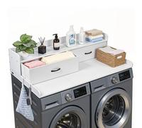 VEVOR Encimera para Lavadora y Secadora 137 x 69,9 cm, Cubierta Superior de Madera Soporta hasta 113 kg con Ganchos Laterales, 2 Cajones, Estante, Ancha para Lavadero Balcón Baño Cocina, Color Blanco