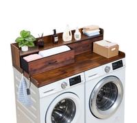 VEVOR Encimera para Lavadora y Secadora 137 x 69,9 cm, Cubierta Superior de Madera Soporta hasta 113 kg con Ganchos Laterales, 2 Cajones, Estante, Ancha para Baño Balcón Cocina Lavadero, Color Marrón
