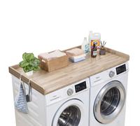 VEVOR Encimera para Lavadora y Secadora 137 x 69,9 cm, Cubierta Superior de Madera Soporta hasta 113 kg con Borde Elevado, Ganchos Laterales, Almohadillas para Baño Lavadero Balcón Cocina, Color Roble